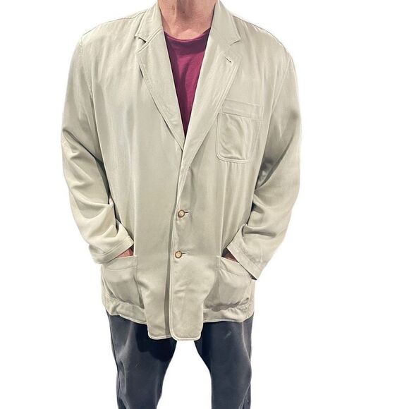 TOMMY BAHAMA 100% Silk Button Down Long Sleeve Khaki Unstructured Blazer Sport C - Picture 8 of 8